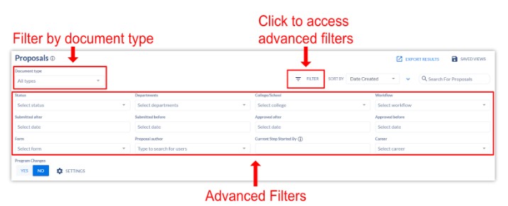 coursedog dashboard filters