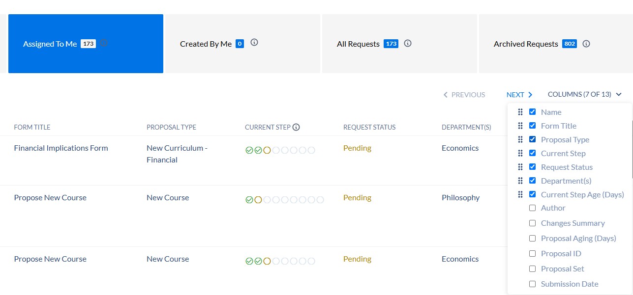 coursedog dashboard columns